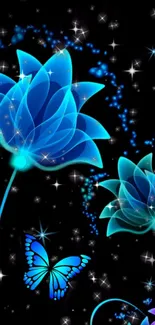 Blue glowing flowers and butterfly with starry accents on a dark background.