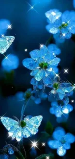 Glowing blue flowers with butterflies on a dark background.