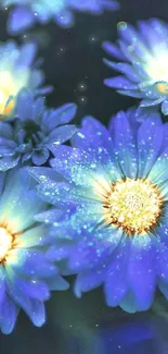 Mobile wallpaper featuring glowing blue flowers with luminous petals.