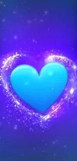 Glowing blue heart with purple sparkles wallpaper.