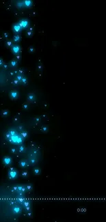 Mobile wallpaper with glowing blue hearts on a black background.