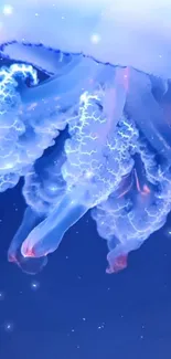 Luminous blue jellyfish wallpaper with glowing tentacles.