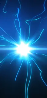 Blue neon light burst with dynamic trails on a dark background.