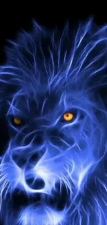 Neon blue lion artwork with glowing eyes.