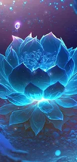 Ethereal glowing blue lotus on a dark background.