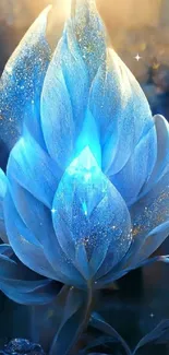 A glowing blue lotus with ethereal light and intricate floral design.