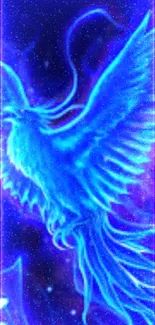 Vibrant glowing blue phoenix on dark background.