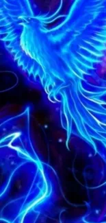 Vibrant glowing blue phoenix on a dark, mysterious background.