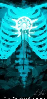 Glowing blue ribcage with tech elements on a dark background.