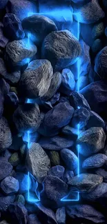 Mobile wallpaper with glowing blue rocks and stones.