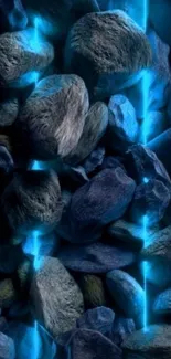 Glowing stones with blue light effects on a dark background.