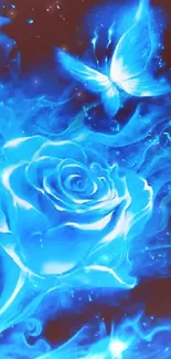 A glowing blue rose and butterfly in a mystical, dreamlike setting.