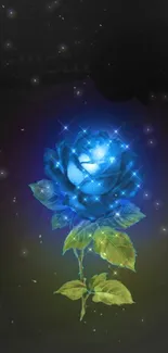 Glowing blue rose with neon leaves on a dark background, creating a mystical effect.