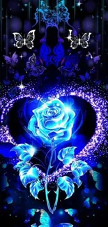 Glowing blue rose with butterflies mobile wallpaper.