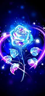 Digital art of a glowing blue rose with vibrant purple accents.