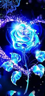 Vibrant blue rose with glowing butterflies on a dark background.