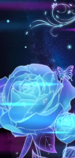 Blue rose glowing against a starry galaxy backdrop with a butterfly and swirls.