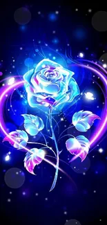 Glowing blue rose with neon effect on dark background.