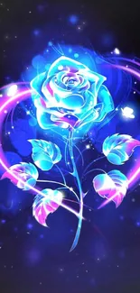 Glowing blue rose with neon lights in a dark background.