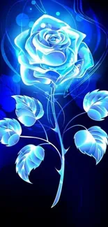 Glowing blue rose with neon effect on dark background.