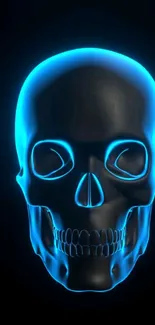 Glowing blue skull on dark background wallpaper.