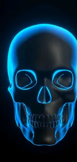 Digital skull with a neon blue glow on a dark background.