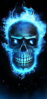 Glowing blue skull with fiery flames on a dark background.