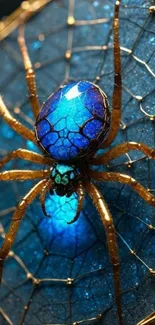 Glowing blue spider on a web design