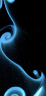 Mobile wallpaper with glowing blue swirls on a dark background.