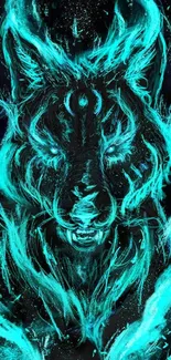 Artistic glowing blue tiger in digital design with mystical elements.