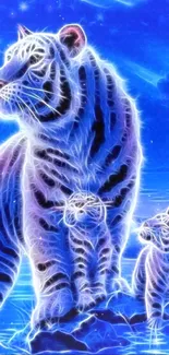 Glowing blue tiger family with neon effect in a night scene.