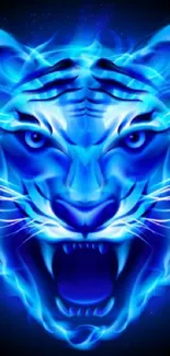 Glowing blue tiger face with neon effect for mobile wallpaper.