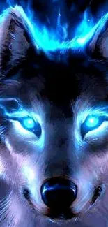 Glowing blue wolf with bright eyes and flames on a dark background.