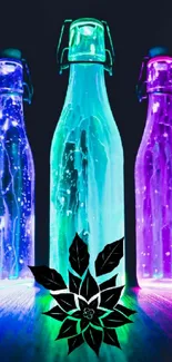 Glowing neon bottles art with a dark blue background, vibrant and modern aesthetic.