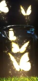 Glowing butterflies escaping from a glass jar at night.