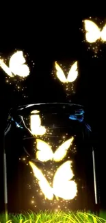 Glowing butterflies flying from a jar in the night.