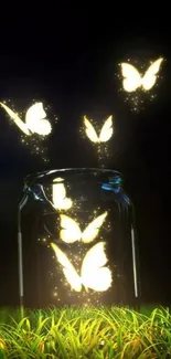 Glowing butterflies emerging from a jar at night.