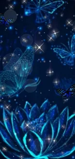 Glowing blue butterflies with lotus on a starry night background.