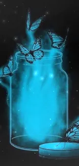 Glowing butterflies escaping from a jar in vibrant blue hues on a dark background.