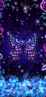 Vibrant butterfly and purple roses wallpaper with a glowing effect.