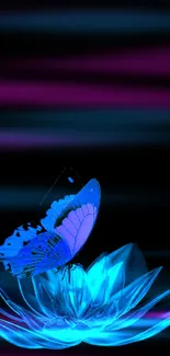 Glowing blue butterfly on a lotus with a dark background.