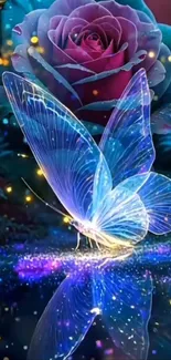 Luminous butterfly with vibrant rose reflection in fantasy scene.