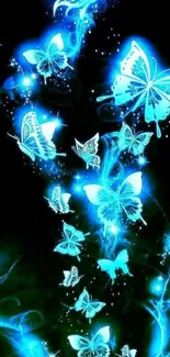 Glowing blue butterflies on a black background creating a magical effect.