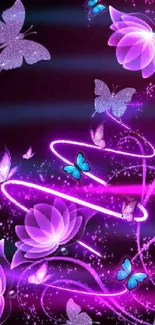 Vibrant wallpaper with glowing butterflies and purple floral design.