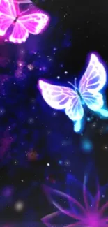 Glowing neon butterflies in a dreamy galaxy wallpaper.