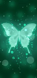 Glowing butterfly with a dark green background and artistic dots on mobile wallpaper.