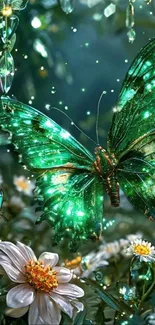 Vibrant green butterfly in mystical garden with flowers.