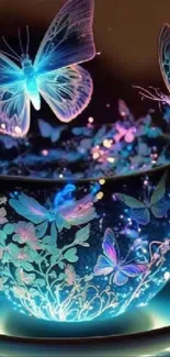 Magical teacup with glowing butterflies.