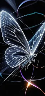 Neon glowing butterfly art in dark theme.