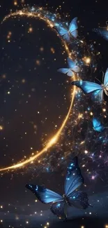 Glowing night sky with blue butterflies